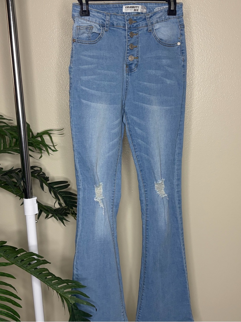 Celebrity Pink Button Fly Flare Jeans Womens Light Wash Distressed High Rise
